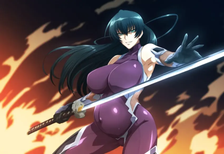 Image breasts,female,looking_at_viewer,thick_thighs,milf,ai_generated,pregnant,pregnant_female,huge_breasts,fishnets,igawa_asagi,katana,taimanin_asagi,ninja_girl,sssin2160