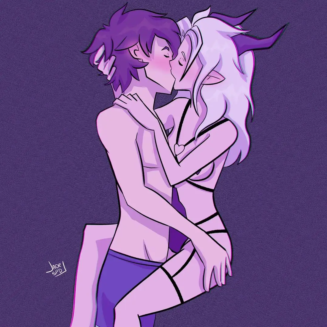 Image 1girls,female,human,1boy,male,horns,lingerie,elf_female,kissing,nipple_pasties,human_male,boxers_(clothing),rayla_(the_dragon_prince),the_dragon_prince,callum_(the_dragon_prince),shadows_pd_(artist)