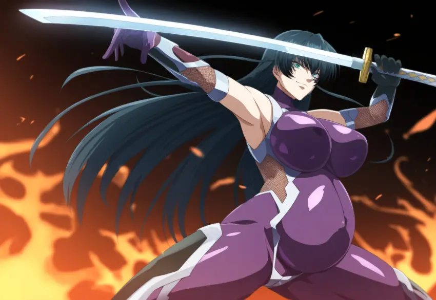 Image breasts,female,looking_at_viewer,thick_thighs,milf,ai_generated,pregnant,pregnant_female,huge_breasts,fishnets,igawa_asagi,katana,taimanin_asagi,ninja_girl,sssin2160