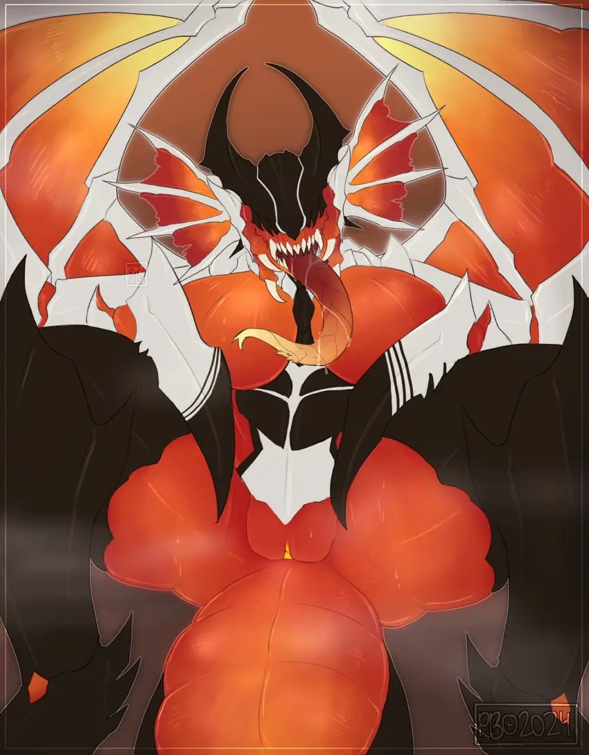 Image big_breasts,breasts,female,female_only,large_breasts,looking_at_viewer,open_mouth,pussy,tongue_out,tongue,female_focus,humanoid,horns,wings,anthro,2d,text,spread_legs,sharp_teeth,multicolored_body,claws,arthropod,insects,brown_background,orange_body,long_tongue,alien,alien_girl,helldivers,helldivers_2,terminid,alien_humanoid,arthropod_abdomen,bug,insect_girl,carapace,insect_wings,abdomen,plagueburd,shrieker_(helldivers)