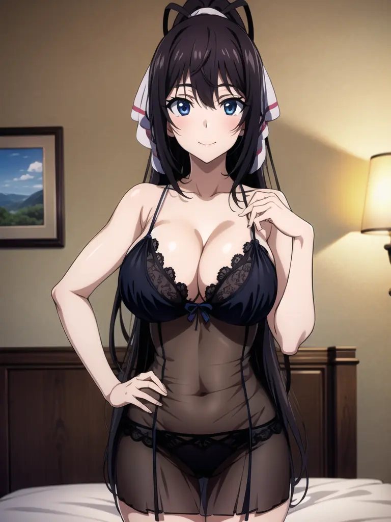 Image 1girls,big_breasts,breasts,female,looking_at_viewer,standing,blue_eyes,panties,ai_generated,eyes,bed,black_panties,bedroom,brunette,mommy,lamp,nightgown,lamppost,infinite_stratos,shinonono_houki