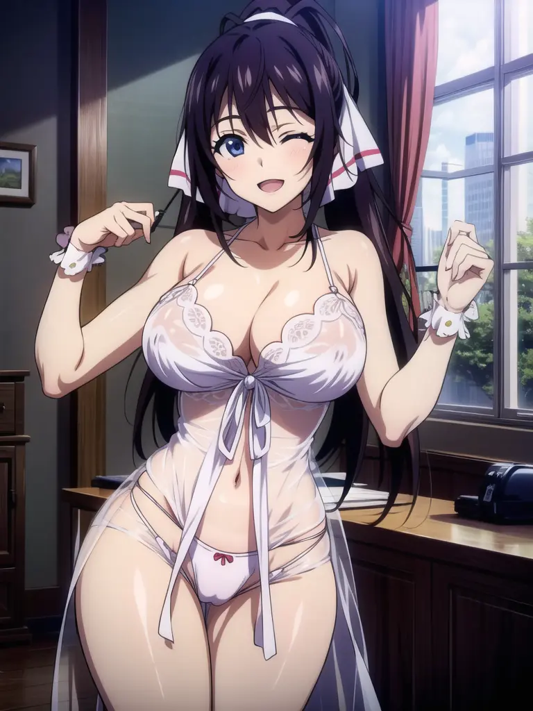 Image big_breasts,breasts,female,looking_at_viewer,open_mouth,standing,panties,ai_generated,one_eye_closed,bedroom,white_panties,mommy,transparent_clothing,nightgown,infinite_stratos,shinonono_houki,transparent_night_gown