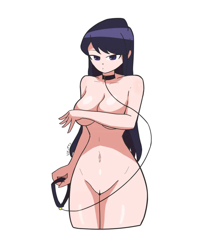 Image breasts,female,human,light_skin,long_hair,simple_background,black_hair,thick_thighs,thighs,completely_nude,naked,thick_ass,collar,hourglass_figure,naked_female,leash,komi-san_wa_komyushou_desu,komi_shouko,pressing_breasts,arm_on_breast,vikutto
