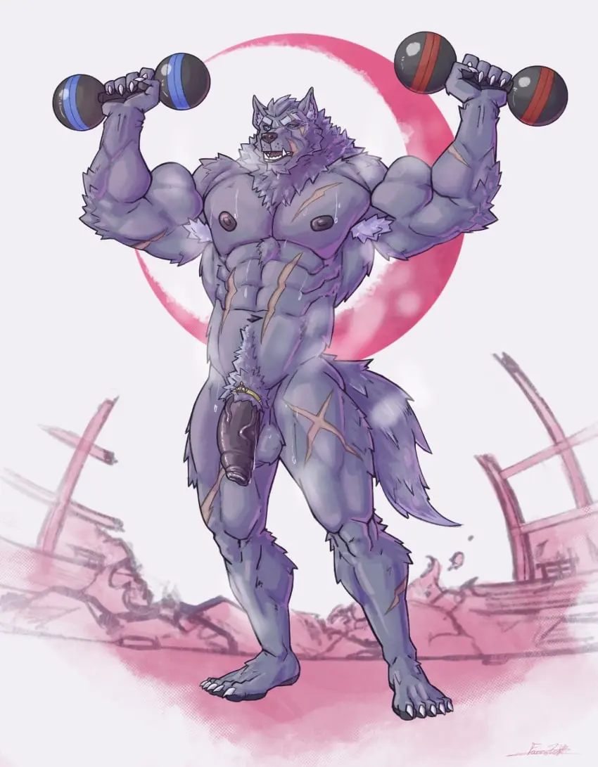 Image hi_res,nipples,solo,male,navel,nude,penis,sweat,big_penis,humanoid_penis,muscular,muscular_male,male_only,accessory,jewelry,balls,anthro,flaccid,bodily_fluids,canid,canine,canis,fur,genitals,grey_body,grey_fur,mammal,wolf,biceps,muscular_anthro,pecs,abs,scar,humanoid_genitalia,vein,black_penis,body_hair,armpit_hair,cock_ring,penis_accessory,penis_jewelry,elden_ring,fromsoftware,weights,blaidd_(elden_ring),dumbbell,faustoxiii