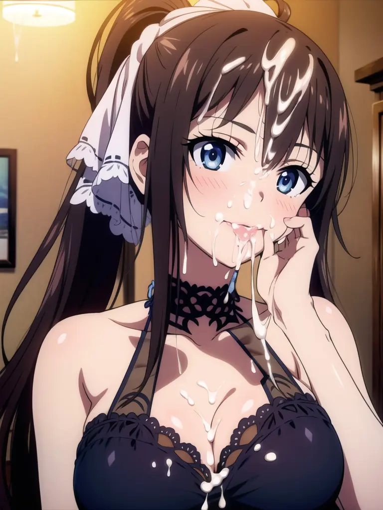 Image big_breasts,blush,breasts,female,blue_eyes,cum,cum_on_face,ai_generated,cum_on_breasts,mommy,covered_in_cum,hand_on_mouth,cum_between_breasts,cum_in_hair,nightgown,cum_on_mouth,infinite_stratos,shinonono_houki