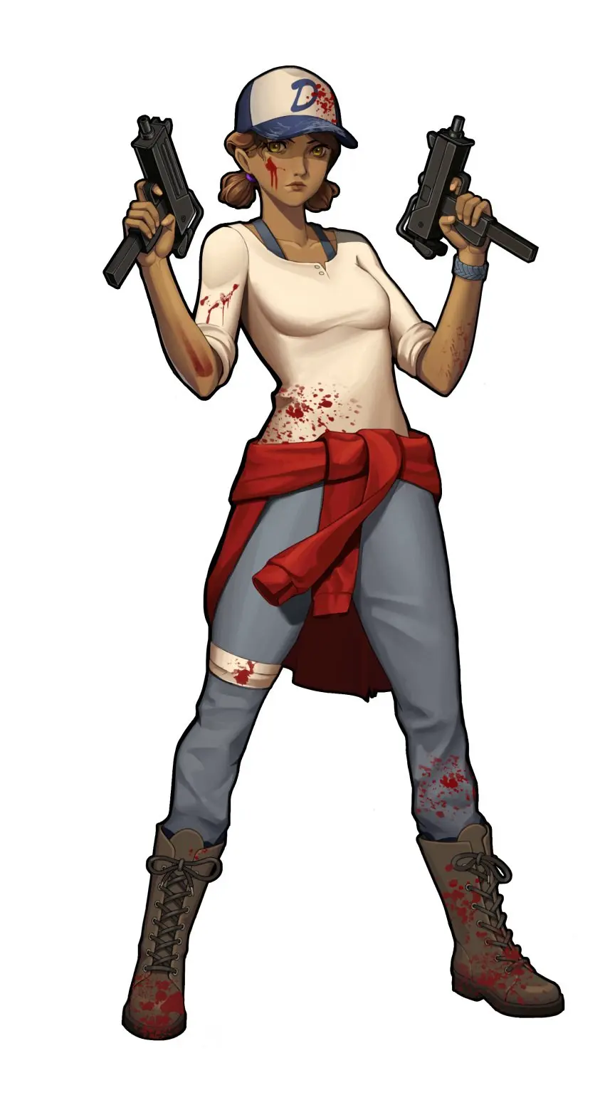 Image brown_eyes,clothed,female,female_only,simple_background,white_background,short_hair,female_focus,dark_skin,brown_hair,dark-skinned_female,blood,weapon,boots,gun,the_walking_dead,the_walking_dead_game,clementine_(the_walking_dead),the_walking_dead:_a_new_frontier,dual_wielding,bloody_clothes,minqi