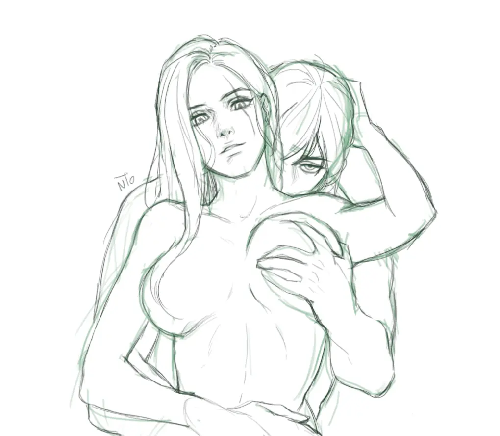 Image 1girls,breasts,female,long_hair,1boy,male,nude,huge_breasts,nude_female,nude_male,black_and_white,line_art,league_of_legends,scar,hand_on_breast,katarina_du_couteau,kissing_neck,nto,talon_du_couteau
