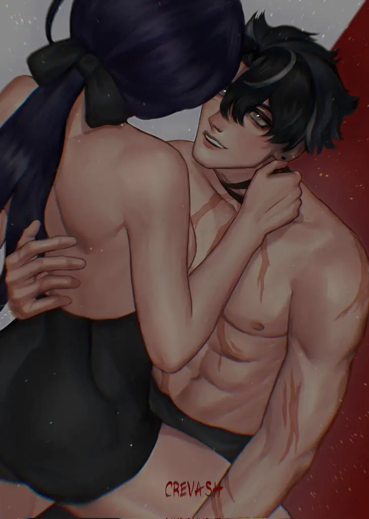 Image 1girls,clothed,female,long_hair,1boy,male,nude,ass,big_ass,muscular,muscular_male,cowgirl_position,lingerie,genshin_impact,shorts,scars,before_sex,wriothesley_(genshin_impact),tight_pants,clorinde_(genshin_impact)