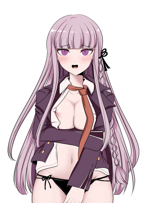 Image 1girls,female,light_skin,looking_at_viewer,solo,gloves,purple_eyes,purple_hair,half-dressed,danganronpa,kirigiri_kyouko,yuuki_(artist)