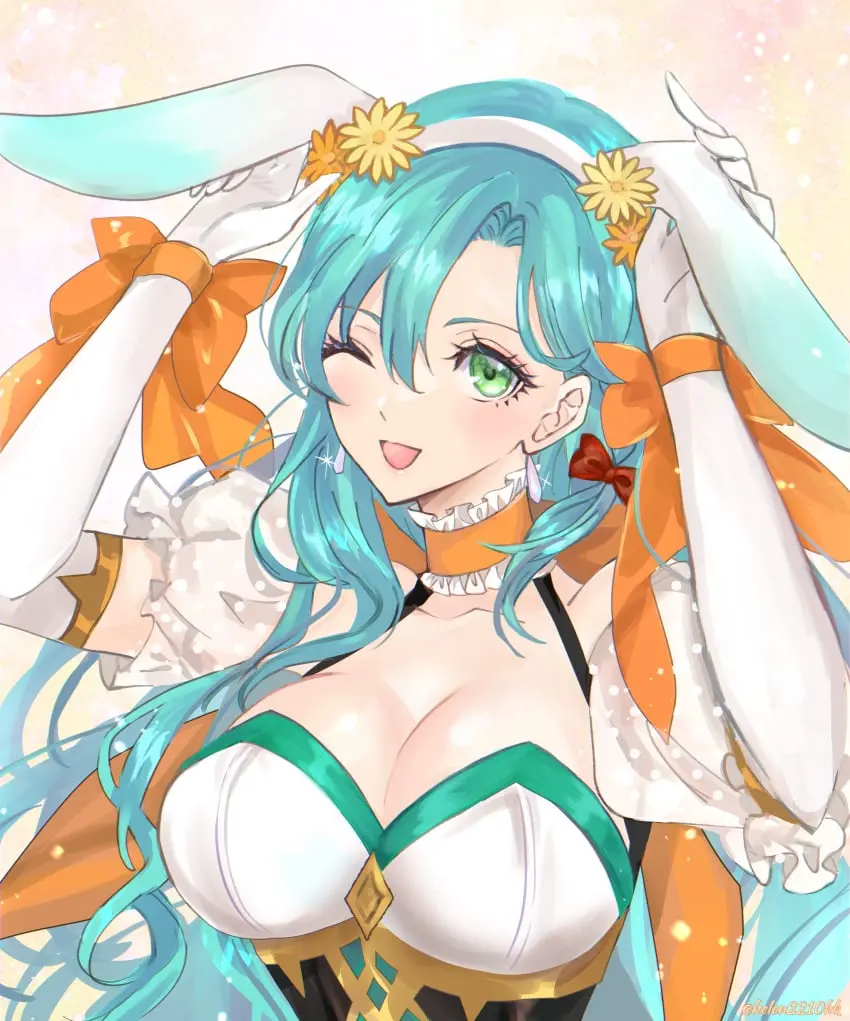 Image 1girls,breasts,female,female_only,highres,large_breasts,long_hair,looking_at_viewer,open_mouth,smile,solo,very_long_hair,absurdres,animal_ears,elbow_gloves,gloves,choker,aqua_hair,cleavage,eyelashes,green_eyes,one_eye_closed,bunny_ears,bunny_girl,rabbit_ears,nintendo,hair_between_eyes,short_sleeves,upper_body,white_gloves,official_alternate_costume,alternate_costume,fire_emblem,fire_emblem_heroes,bunnysuit,fake_animal_ears,fire_emblem_engage,puffy_sleeves,twitter_username,easter,frills,chloe_(fire_emblem),puffy_short_sleeves,frilled_choker,;d,helen_(helen2210hk),orange_choker