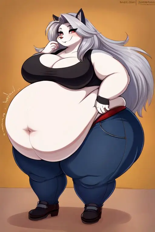 Image female,ai_generated,big_belly,helluva_boss,loona_(helluva_boss),overweight_female,blue_jeans,bbw,obese_female,stomach_noises,weight_gain,exposed_fat_belly,weight_gain_female
