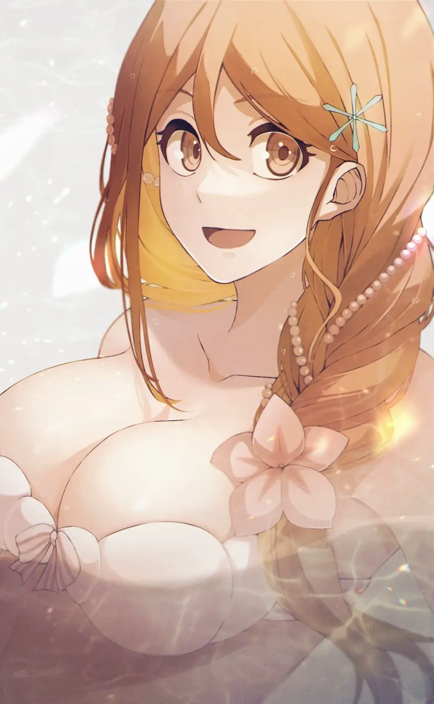 Image 1girls,breasts,brown_eyes,female,hair_ornament,highres,large_breasts,long_hair,looking_at_viewer,open_mouth,smile,solo,bikini,water,flower_in_hair,cleavage,collarbone,eyelashes,gem,hair_accessory,happy,orange_hair,pearl_(gemstone),swimsuit,braid,hair_between_eyes,white_bikini,commentary_request,alternate_costume,flower,hair_flower,hairpin,:d,bleach,single_braid,double-parted_bangs,alternate_hairstyle,close-up,braided_ponytail,hair_over_shoulder,tareme,inoue_orihime,pink_flower,hair_ornaments,pearl_hair_ornament,sumire_1046,symmetrical_hand_pose