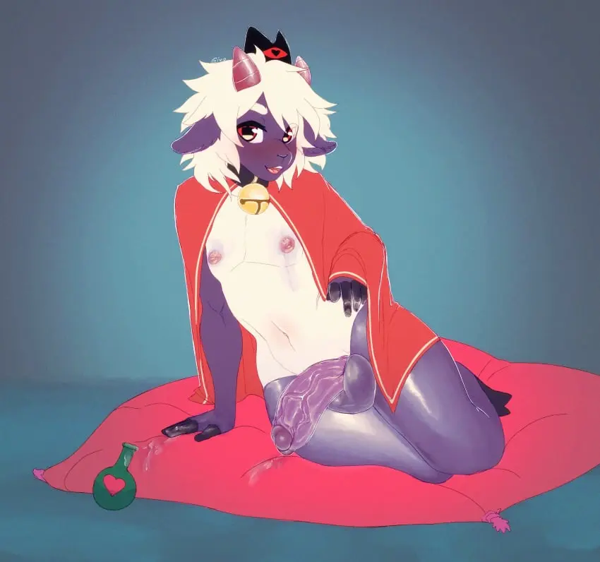 Image blush,hi_res,looking_at_viewer,nipples,smile,solo,male,penis,lying,ass,big_butt,big_penis,sex,thick_thighs,humanoid,wide_hips,femboy,male_only,balls,hair,anthro,sitting,on_side,absurd_res,wet,big_balls,collar,flaccid,genitals,mammal,horn,glistening,glistening_body,wet_body,erect_nipples,bovid,caprine,sheep,bell,bell_collar,cult_of_the_lamb,lamb_(cult_of_the_lamb),abstract_background,lube,messy_hair,oil,glistening_eyes,massive_monster_(studio),givo