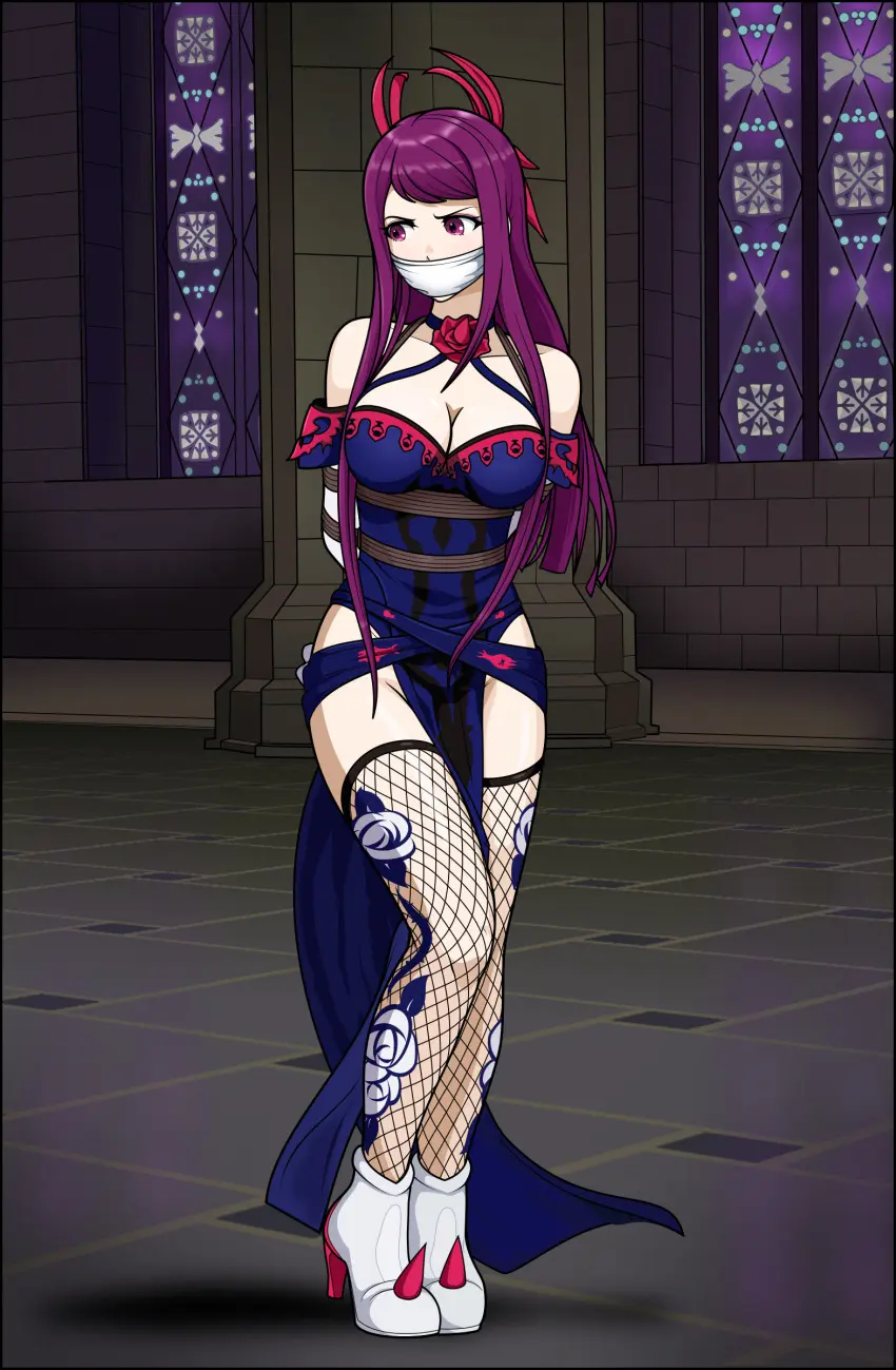 Image 1girls,breasts,female,female_only,hair_ornament,large_breasts,long_hair,solo,standing,very_long_hair,bangs,elbow_gloves,gloves,thighhighs,thighs,bare_shoulders,bare_thighs,cleavage,collarbone,shoulders,pink_eyes,dress,purple_hair,indoors,nintendo,restrained,high_heels,fire_emblem,fishnets,bondage,angry,window,femsub,full_body,bound,bound_wrists,fire_emblem_engage,ivy_(fire_emblem),fishnet_legwear,arms_behind_back,rope,bound_arms,pelvic_curtain,side_slit,just_some_guy
