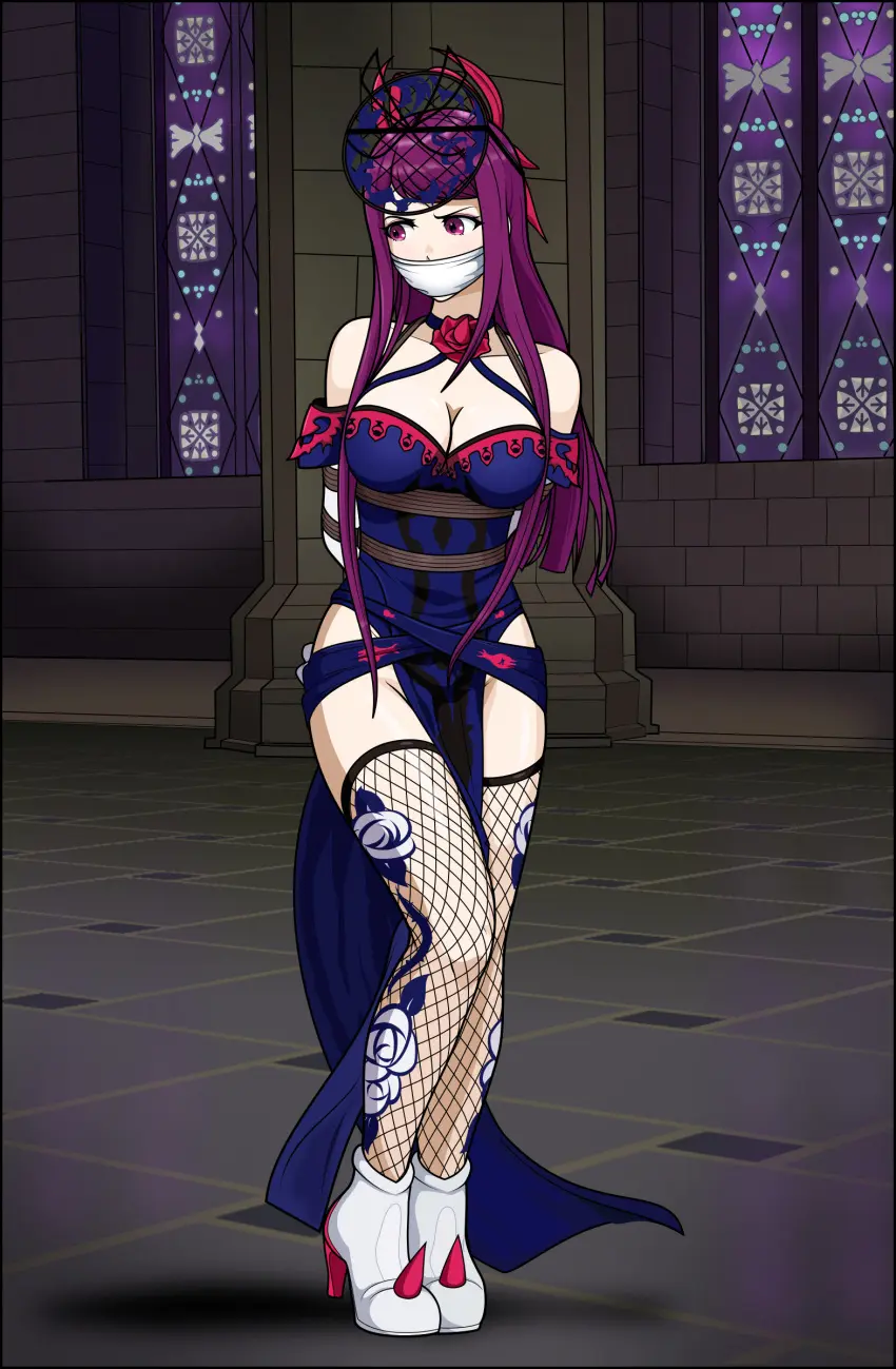 Image 1girls,breasts,female,female_only,hair_ornament,large_breasts,long_hair,solo,standing,very_long_hair,bangs,elbow_gloves,gloves,thighhighs,thighs,bare_shoulders,bare_thighs,cleavage,collarbone,shoulders,pink_eyes,dress,purple_hair,indoors,nintendo,restrained,high_heels,fire_emblem,fishnets,bondage,angry,window,femsub,full_body,bound,bound_wrists,fire_emblem_engage,ivy_(fire_emblem),fishnet_legwear,arms_behind_back,rope,bound_arms,pelvic_curtain,side_slit,just_some_guy,fascinator