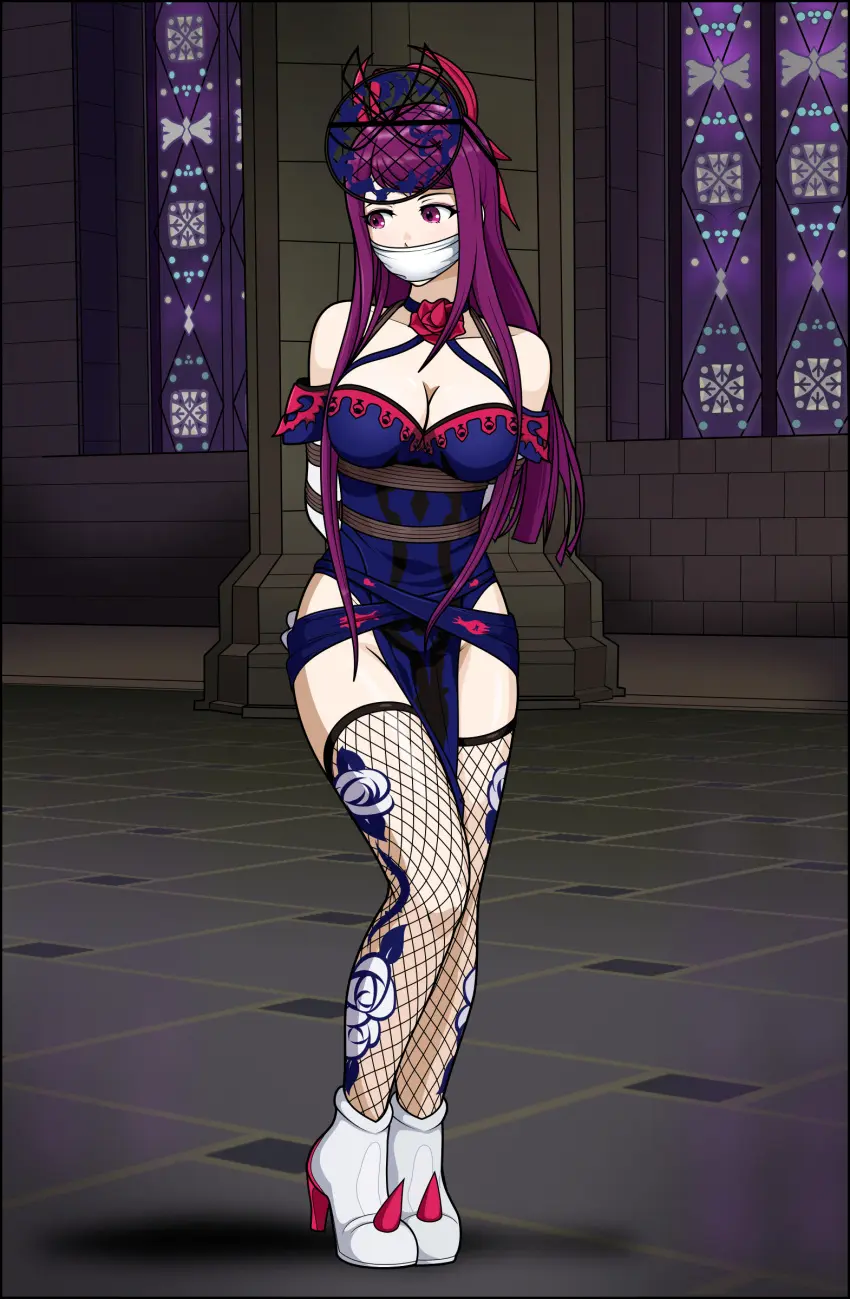 Image 1girls,breasts,female,female_only,hair_ornament,large_breasts,long_hair,solo,standing,very_long_hair,bangs,elbow_gloves,gloves,thighhighs,thighs,bare_shoulders,bare_thighs,cleavage,collarbone,shoulders,pink_eyes,dress,purple_hair,indoors,nintendo,restrained,high_heels,fire_emblem,fishnets,bondage,window,femsub,full_body,bound,bound_wrists,fire_emblem_engage,ivy_(fire_emblem),fishnet_legwear,arms_behind_back,rope,bound_arms,pelvic_curtain,side_slit,just_some_guy,fascinator