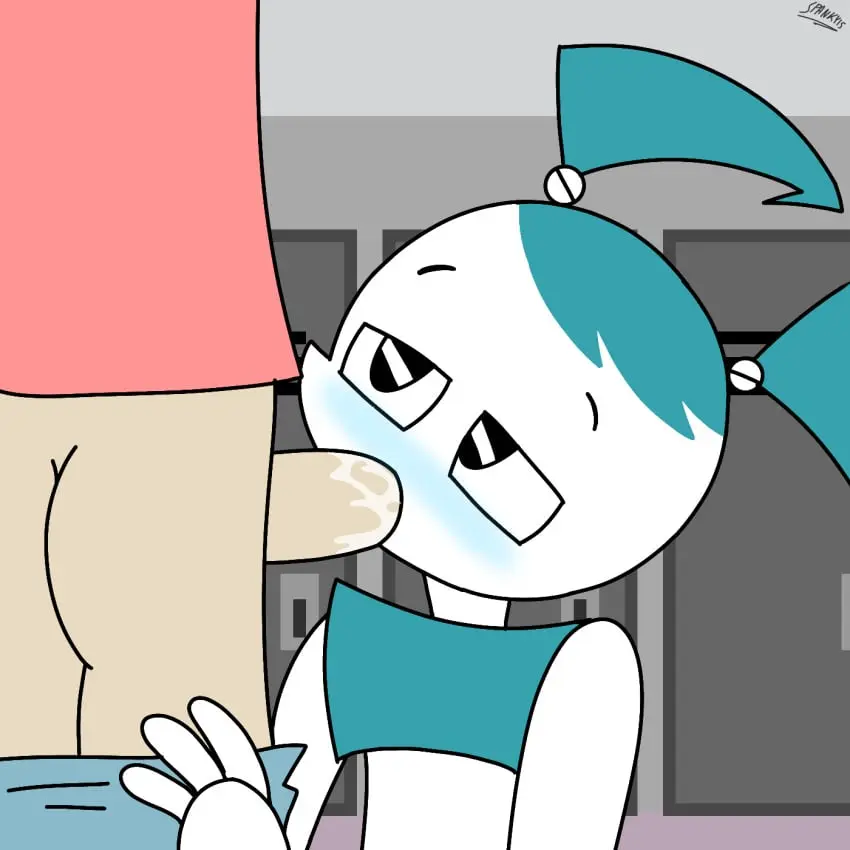 Image female,human,male,blowjob,looking_at_another,on_knees,robot,robot_girl,nickelodeon,parody,jenny_wakeman,my_life_as_a_teenage_robot,spanky15