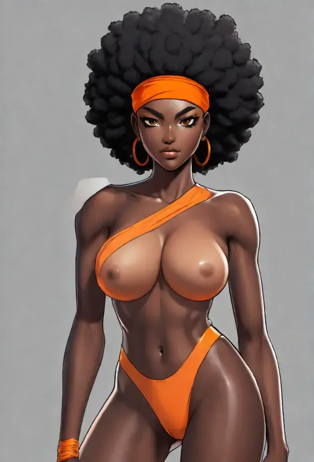 Image 1girls,breasts,brown_eyes,female,looking_at_viewer,nipples,black_hair,nude,panties,earrings,dark_skin,ai_generated,headband,nude_female,naked,nintendo,black_skin,ear_piercing,naked_female,grey_background,dark_nipples,ai,dark_skinned_female,brown_nipples,afro,orange_panties,orange_headband,dark_skinned,f-zero,kate_alen,quinzo11