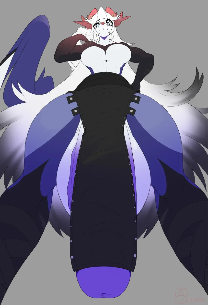 Image hi_res,long_hair,simple_background,smile,solo,white_hair,blue_eyes,male,nude,penis,big_penis,humanoid_penis,balls,hair,anthro,purple_fur,absurd_res,fur,genitals,low-angle_view,worm's-eye_view,horn,purple_body,humanoid_genitalia,glans,long_penis,unknown_species,purple_glans,doink_(artist)