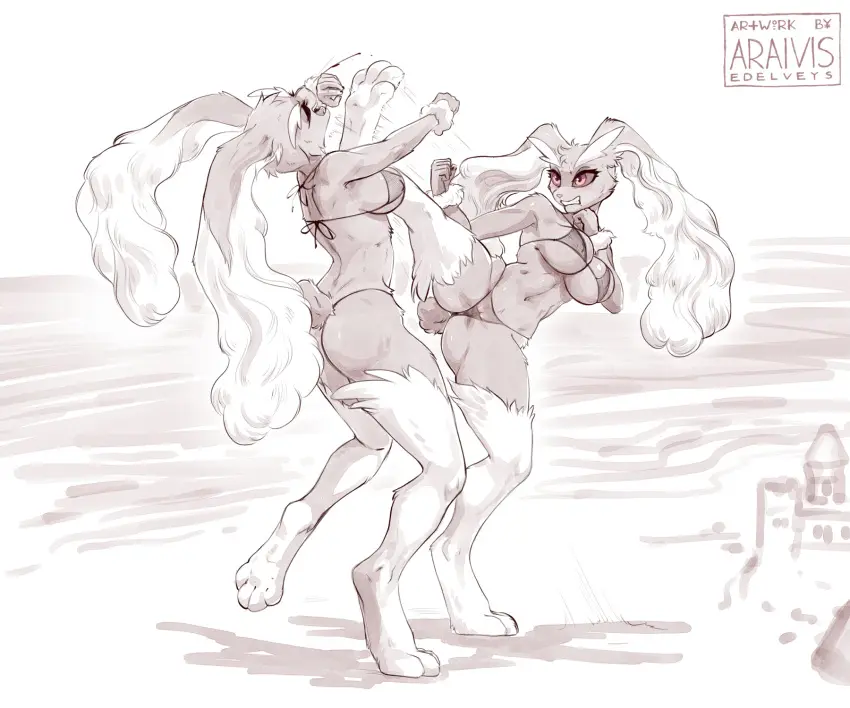 Image big_breasts,breasts,clothing,female,hi_res,navel,pokemon,pokemon_(species),tail,bikini,duo,beach,anthro,nintendo,blood,monochrome,bodily_fluids,outside,swimwear,leg_markings,markings,generation_4_pokemon,short_tail,catfight,fight,socks_(marking),wrestling,6:5,lopunny,scut_tail,araivis-edelveys
