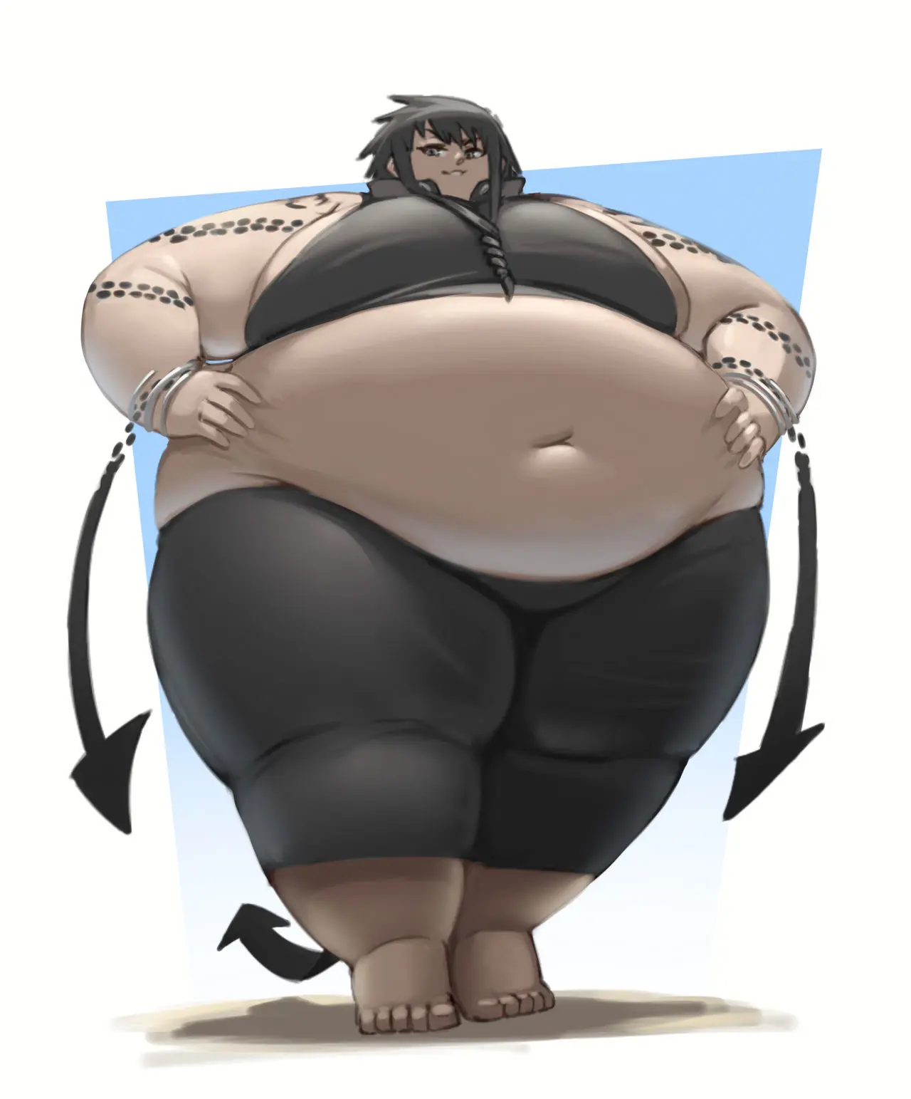 Image 1girls,breasts,female,hi_res,highres,solo,black_hair,navel,female_focus,thick_thighs,thighs,wide_hips,hips,belly,huge_belly,solo_female,solo_focus,tattoo,tattooed_arm,huge_breasts,tied_hair,curvy,curvy_figure,curvaceous,high_resolution,chubby,chubby_female,2024,fat,fat_female,overweight,overweight_female,plump,morbidly_obese,morbidly_obese_female,obese,ssbbw,soul_eater,bbw,obese_female,hands_on_hips,arrow,weight_gain,ekusupanshon,medusa_gorgon