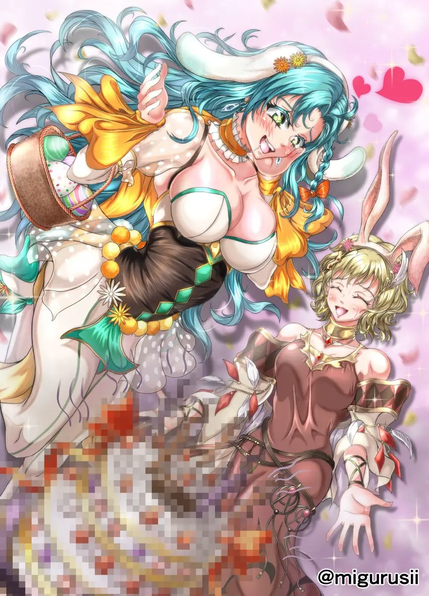 Image breasts,female,female_only,large_breasts,long_hair,open_mouth,smile,very_long_hair,2girls,blue_hair,multiple_girls,short_hair,ass,big_ass,earrings,aqua_hair,bare_shoulders,cleavage,collarbone,happy,shoulders,drooling,blonde_hair,green_eyes,medium_breasts,dress,censored,bunny_ears,bunny_girl,saliva,nintendo,braid,official_alternate_costume,alternate_costume,fire_emblem,fire_emblem_heroes,bunnysuit,leotard,yellow_hair,saliva_trail,pantyhose,nervous,nervous_smile,fire_emblem_engage,egg,basket,cake,hungry,chloe_(fire_emblem),censored_food,citrinne_(fire_emblem),violet_migu18