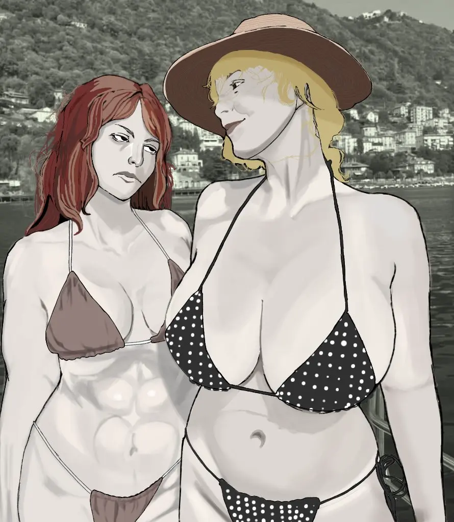Image breasts,female,2girls,multiple_girls,red_hair,bikini,muscular,huge_breasts,tagme,blonde_hair,curvy,breast_size_difference,abs,muscular_female,mother_daughter_boob_envy_(meme),meme,annoyed_expression,breast_envy,dommy_mommy,abella_(fear_and_hunger),fear_and_hunger,fear_and_hunger:_termina,karin_(fear_and_hunger)