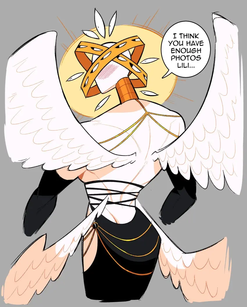 Image blush,female,simple_background,absurdres,big_ass,female_focus,thick_thighs,white_skin,muscular,wide_hips,eyes,solo_female,angel_wings,white_wings,wings,text,dress,angel,halo,absurd_res,back,black_dress,grey_background,back_view,speech_bubble,muscular_female,top_heavy,exposed_shoulders,modakawa_dress,multi_eye,backless_dress,idolomantises,monsters_and_girls,sera_(idolomantises),multi_wing,1girlsrn