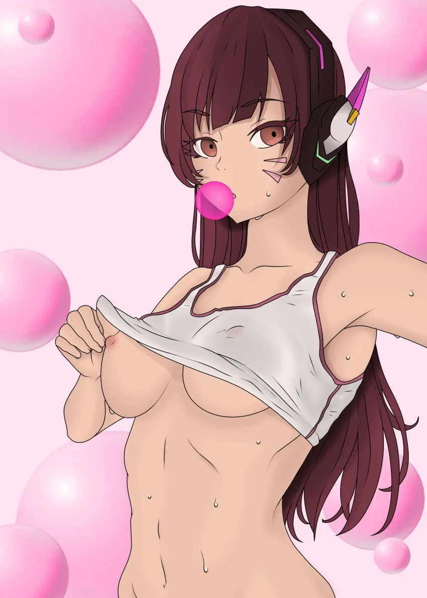 Image breasts,female,sweat,belly,taking_clothes_off,overwatch,overwatch_2,d.va,showing_off,mistakeart60,chewing_gum,bubblegum