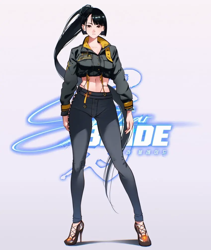 Image 1girls,breasts,brown_eyes,female,highres,light-skinned_female,light_skin,long_hair,long_sleeves,looking_at_viewer,pants,simple_background,solo,very_long_hair,bangs,black_hair,blunt_bangs,navel,thighs,ponytail,wide_hips,midriff,legs,dark_hair,high_heels,jacket,official_alternate_costume,stomach,grey_background,eve_(stellar_blade),stellar_blade,full_body,shoes,crop_top,long_legs,cropped_jacket,slender_legs,official_alternate_hairstyle,cesar_art456,wasteland_adventurer_(stellar_blade)