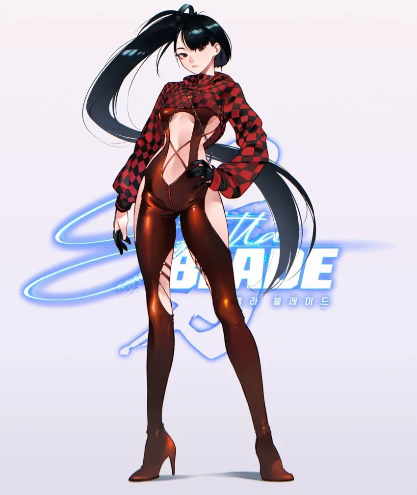 Image breasts,brown_eyes,female,female_only,highres,long_hair,long_sleeves,looking_at_viewer,solo,very_long_hair,white_background,black_gloves,black_hair,blunt_bangs,gloves,ponytail,medium_breasts,hand_on_own_hip,high_heels,tight_clothing,closed_mouth,revealing_clothes,bodysuit,eve_(stellar_blade),stellar_blade,hood,hoodie,full_body,fully_clothed,long_legs,english_commentary,shiny_clothes,clothing_cutout,copyright_name,red_bodysuit,cesar_art456,red_hoodie,partially_fingerless_gloves,cropped_hoodie,half_gloves,checkered_clothes,racer's_high_(stellar_blade)