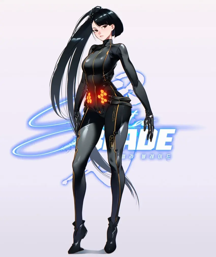 Image breasts,brown_eyes,female,female_only,highres,large_breasts,long_hair,looking_at_viewer,simple_background,solo,standing,very_long_hair,black_hair,blunt_bangs,gloves,thighs,ponytail,high_heels,tight_clothing,official_alternate_costume,asymmetrical_hair,bodysuit,grey_background,eve_(stellar_blade),stellar_blade,full_body,fully_clothed,multicolored_clothes,black_bodysuit,long_legs,skin_tight,tiptoes,shiny_clothes,official_alternate_hairstyle,cesar_art456,heel-less_heels,glowing_bodysuit,planet_diving_suit_(2nd)_(stellar_blade)