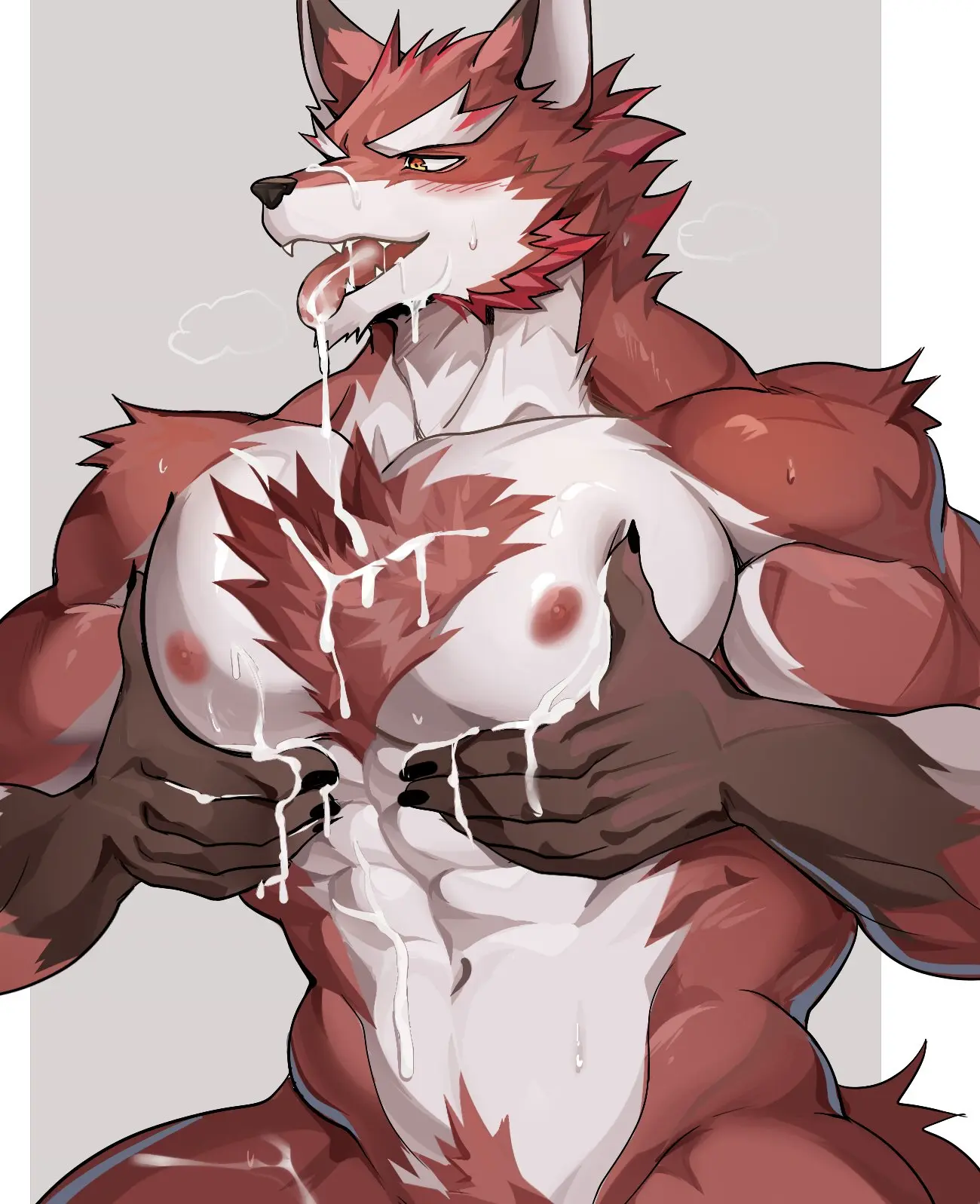 Image blush,nipples,1boy,cum_on_face,male,sweat,tongue_out,tongue,muscular,muscular_male,yaoi,anthro,pointy_ears,gay,bara,fur,two_tone_fur,muscular_anthro,pecs,cum_on_body,solo_male,abs,red_fur,chest_tuft,cum_on_chest,pec_grab,pec_grasp,pec_squeeze,chung0_0,diederich_olsen_(knights_college),knights_college