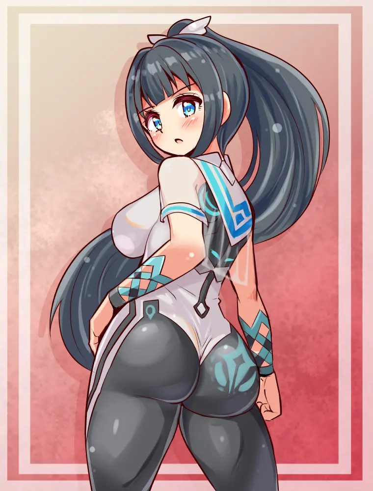 Image blush,breasts,female,large_breasts,long_hair,looking_at_viewer,solo,alternate_color,blue_eyes,ass,looking_back,virtual_youtuber,bare_shoulders,gradient_background,bodysuit,eve_(stellar_blade),stellar_blade,high_ponytail,commission,cosplay,skeb_commission,black_bodysuit,red_background,white_bodysuit,cougar1404,amano_nene_(vtuber),eve_(stellar_blade)_(cosplay),planet_diving_suit_(6th)_(stellar_blade),production_kawaii