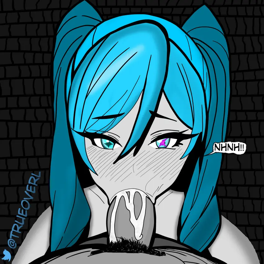 Image 1girls,blush,female,1boy,blue_hair,cum,cum_in_mouth,male,text,pubic_hair,blowjob,monochrome,heterochromia,league_of_legends,blush_lines,blue_hair_female,gwen_(league_of_legends),trueoverl