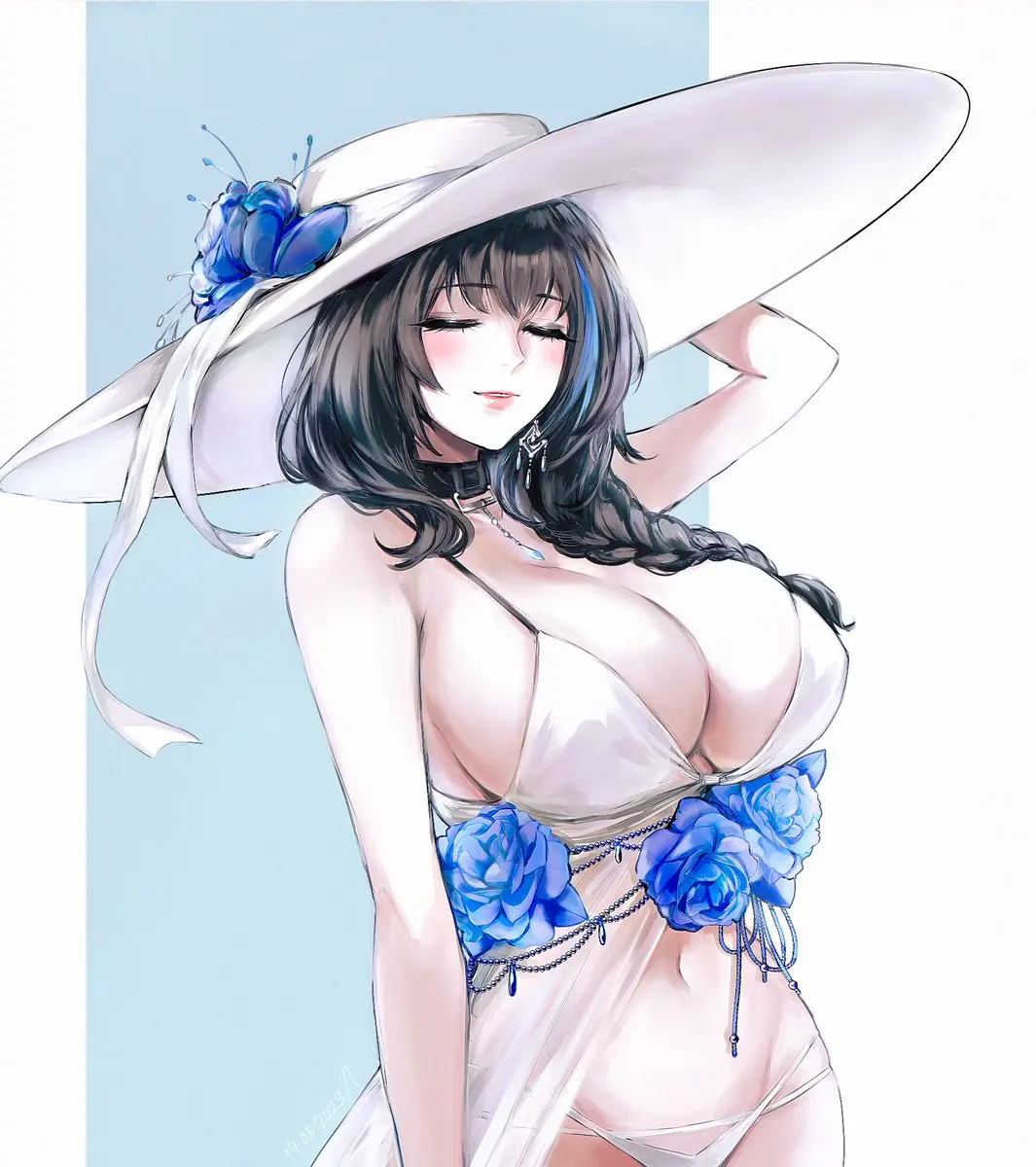 Image blush,breasts,female,highres,large_breasts,long_hair,smile,solo,black_hair,blue_hair,navel,bikini,earrings,hat,multicolored_hair,cleavage,jewelry,parted_lips,swimsuit,lips,necklace,closed_eyes,braid,white_bikini,official_alternate_costume,goddess_of_victory:_nikke,streaked_hair,flower,blue_flower,hat_flower,white_hat,english_commentary,sun_hat,hair_over_shoulder,large_hat,hand_on_headwear,mary_(bay_goddess)_(nikke),mary_(nikke),nvalkyrja,swimsuit_cover-up