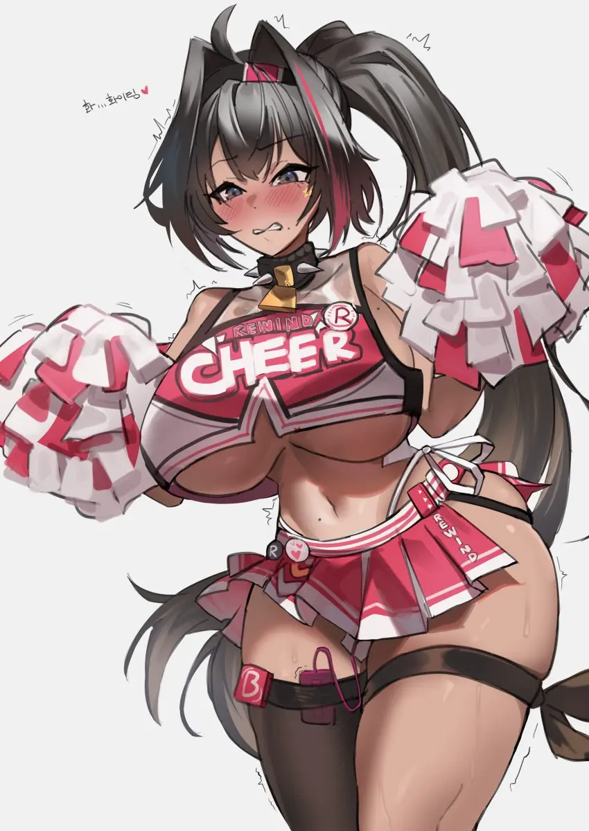 Image blush,text,clenched_teeth,bay_(nikke),goddess_of_victory:_nikke,spoken_heart,vibrator,cheerleader,cheerleader_uniform,pom_poms,thong_straps,vibrator_in_pussy,korean_text,endurance,vibrator_in_thighhighs,weaselpot