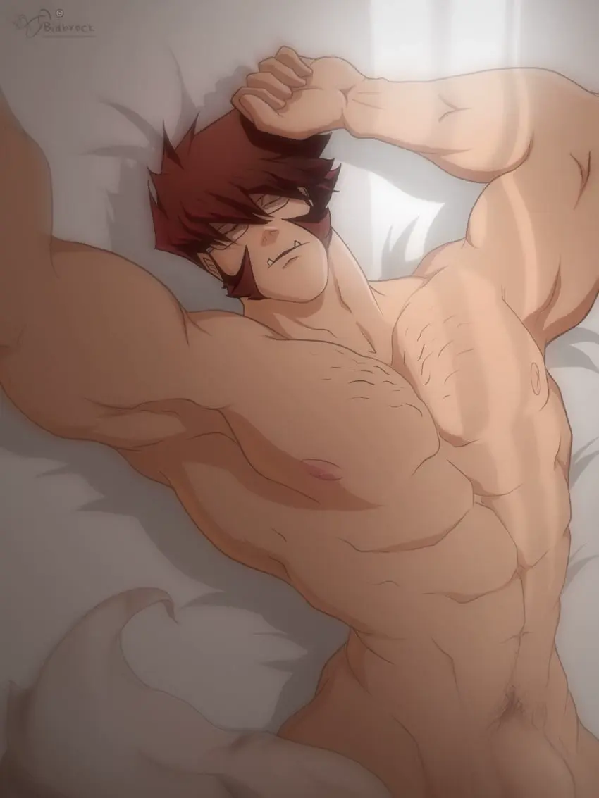 Image highres,nipples,solo,1boy,male,navel,nude,penis,short_hair,lying,on_back,muscular,muscular_male,male_only,yaoi,arms_up,glasses,completely_nude,from_above,brown_hair,closed_eyes,bara,stomach,male_focus,abs,pectorals,sleeping,tusks,large_pectorals,penis_peek,mature_male,sparse_chest_hair,penis_out_of_frame,mutton_chops,bidbrok,kekkai_sensen,klaus_von_reinhertz,v-taper