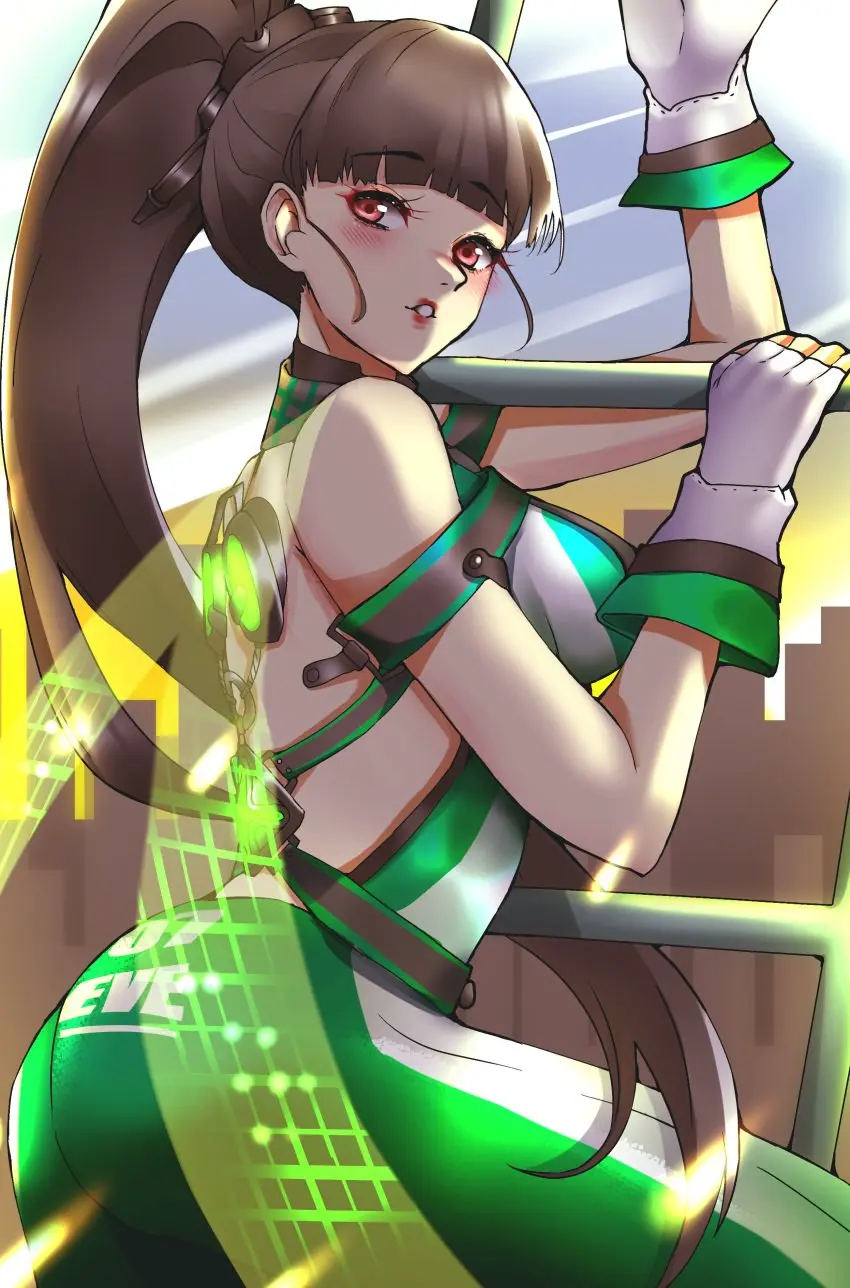 Image breasts,brown_eyes,female,highres,long_hair,looking_at_viewer,solo,very_long_hair,absurdres,blunt_bangs,gloves,ass,looking_back,thighs,ponytail,medium_breasts,brown_hair,on_ladder,white_gloves,bodysuit,eve_(stellar_blade),fingerless_gloves,stellar_blade,glowing,multicolored_clothes,skin_tight,leaning_on_object,alternate_hair_color,ladder,1340smile,green_bodysuit,planet_diving_suit_(7th)_(stellar_blade)
