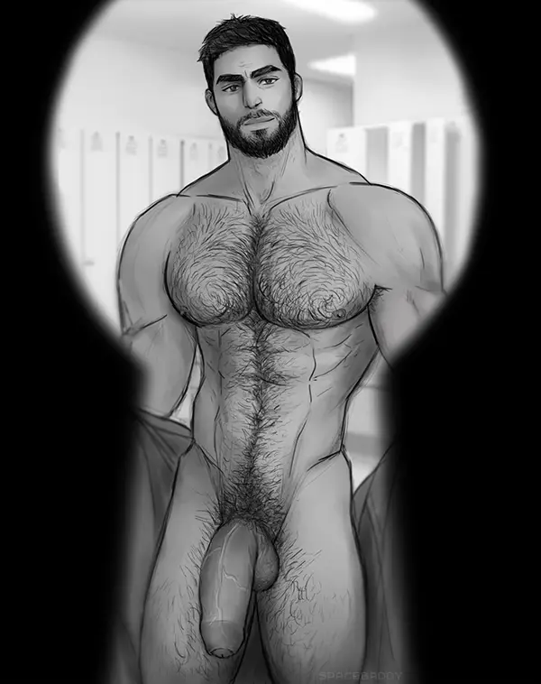 Image looking_at_viewer,nipples,1boy,male,nude,penis,big_penis,muscular,muscular_male,male_only,yaoi,balls,completely_nude,pubic_hair,bara,male_nipples,monochrome,big_balls,completely_nude_male,male_pubic_hair,beard,daddy,hairy_chest,masculine_male,mature_male,spacebaddy