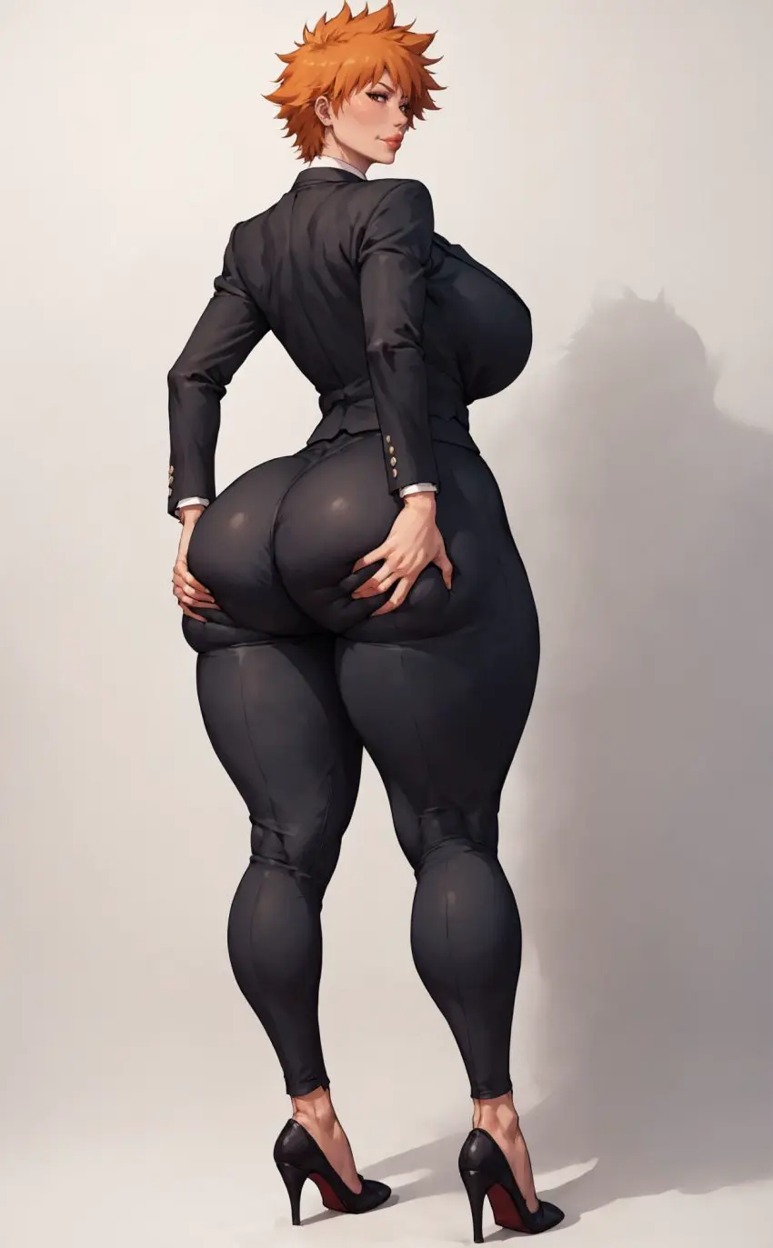 Image 1girls,big_breasts,breasts,female,female_only,light-skinned_female,solo,white_background,ass,big_ass,huge_ass,thick_thighs,patreon,ai_generated,orange_hair,pinup,heels,high_heels,ass_focus,ass_grab,thick_lips,bleach,rule_63,gender_transformation,genderswap_(mtf),genderswap,spread_ass,suit,ichigo_kurosaki,xheceox,female_ichigo