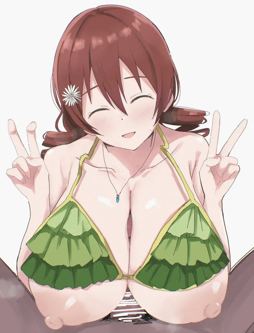 Image 1girls,blush,breasts,female,hair_ornament,highres,light-skinned_female,light_skin,nipples,open_mouth,smile,white_background,1boy,male,penis,bikini,erection,dark-skinned_male,dark_skin,jewelry,huge_breasts,paizuri,swimsuit,censored,necklace,brown_hair,closed_eyes,medium_hair,sweatdrop,pov,male_pov,love_live!,bar_censor,commentary_request,clothes_lift,flower,hair_flower,colored_skin,twin_drills,v,green_bikini,grey_skin,drill_hair,double_v,closed_eyes_smile,bikini_top_lift,love_live!_nijigasaki_high_school_idol_club,emma_verde,wewe