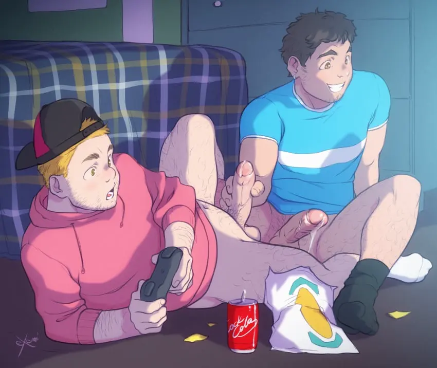Image blush,highres,shirt,smile,absurdres,black_hair,male,navel,penis,short_hair,lying,hat,2boys,male_only,yaoi,grin,blonde_hair,spread_legs,on_side,original,couple,cute,handjob,multiple_boys,thick_eyebrows,bottomless,foreskin,uncircumcised,half-erect,male_focus,hood,hoodie,plump,t-shirt,wholesome,facial_hair,wide-eyed,goatee_stubble,stubble,food,thick_arm_hair,baseball_cap,backwards_hat,chips_(food),playing_games,sparse_leg_hair,sideburns_stubble,exemi,exxxemi,jack_off_buddy,jacking_off_another,jacking_off_together,jerkbuds,screen_light,sparse_stubble