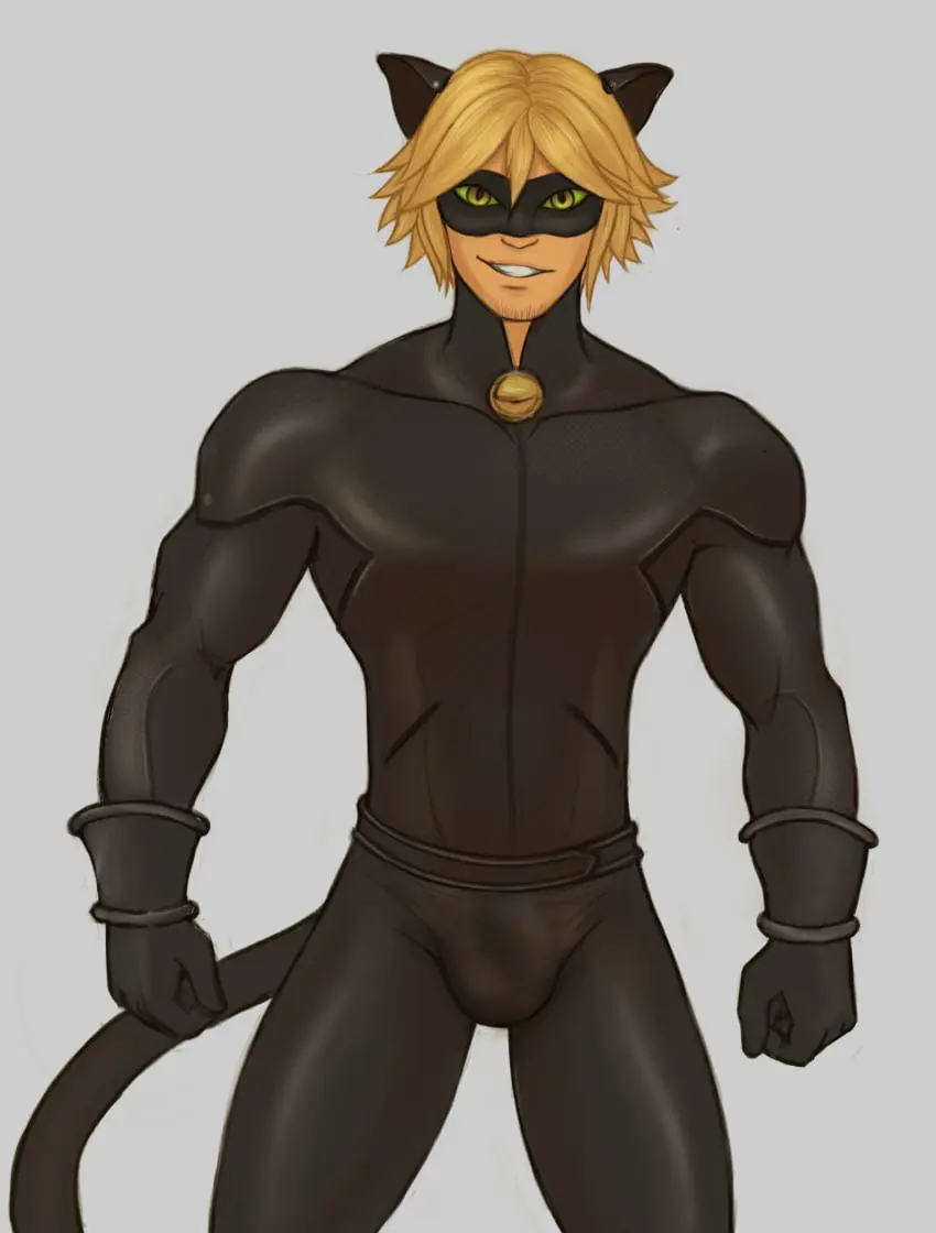 Image clothing,looking_at_viewer,1boy,male,muscular,muscular_male,male_only,yaoi,blonde_hair,bara,bulge,penis_outline,tight_clothing,2020,adrien_agreste,cat_noir,miraculous_ladybug,spacebaddy,chat_noir