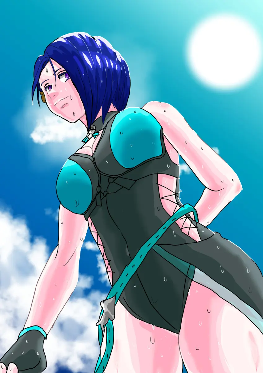 Image 1girls,breasts,female,female_only,large_breasts,solo,blue_hair,gloves,short_hair,choker,thighs,athletic,bare_thighs,cleavage,one-piece_swimsuit,swimsuit,purple_eyes,wet,nintendo,outdoors,official_alternate_costume,alternate_costume,flower,from_below,hair_flower,fire_emblem,fire_emblem:_three_houses,fire_emblem_heroes,fingerless_gloves,athletic_female,tomboy,goth,goth_girl,sun,arm_behind_back,gothic,black_swimsuit,black_one-piece_swimsuit,shamir_nevrand,shamir_nevrand_(summer),zuppy