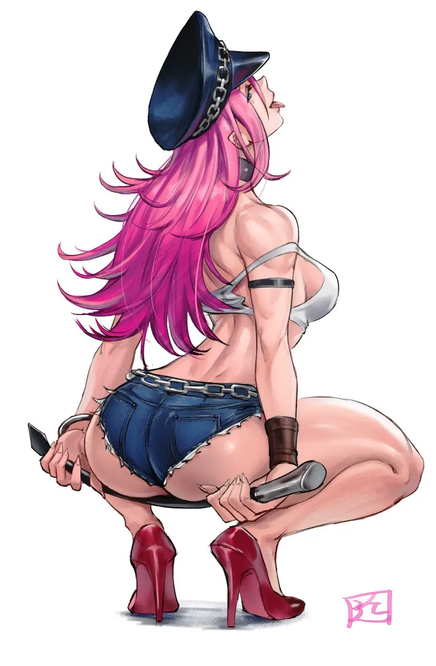 Image 1girls,breasts,female,long_hair,simple_background,white_background,blue_eyes,tongue_out,choker,ass,looking_back,thick_thighs,clothed_female,from_behind,pink_hair,medium_breasts,high_heels,squatting,ass_focus,back_view,large_ass,peaked_cap,backboob,toned,long_legs,street_fighter,dimples_of_venus,whip,hotpants,final_fight,poison_(final_fight),off-shoulder_shirt,police_hat,juaagacgy