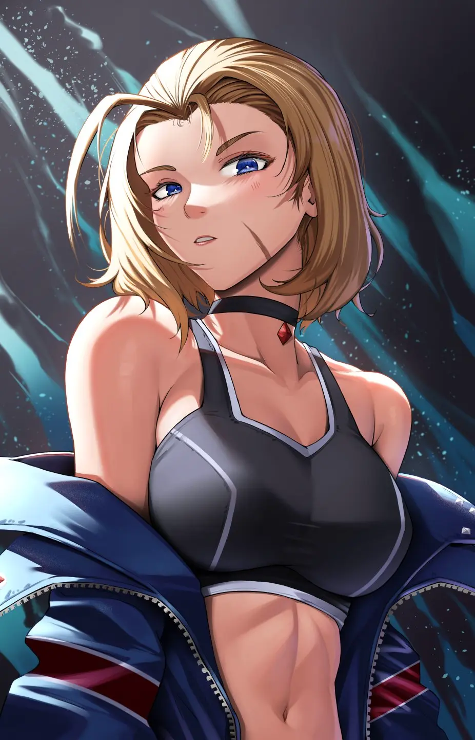Image 1girls,big_breasts,breasts,female,female_only,looking_at_viewer,solo,blue_eyes,short_hair,choker,sports_bra,sportswear,bare_shoulders,belly_button,blonde_hair,slim_waist,scar,fully_clothed,open_jacket,street_fighter,bob_cut,street_fighter_6,cammy_white,luxpineapple