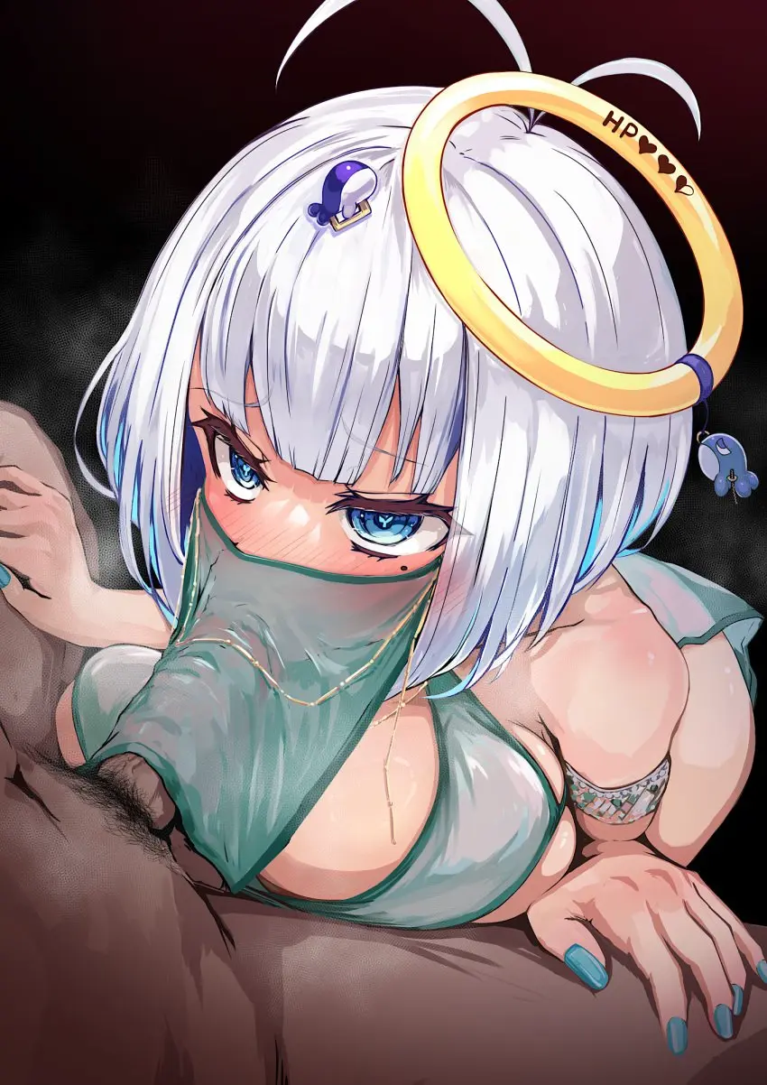 Image breasts,female,highres,white_hair,1boy,blue_eyes,male,oral,penis,short_hair,straight,fellatio,dark-skinned_male,dark_skin,virtual_youtuber,huge_breasts,halo,pubic_hair,male_pubic_hair,blue_nails,indie_virtual_youtuber,armlet,mouth_veil,veil,harem_outfit,fellatio_under_mask,fellatio_under_veil,halo_ornament,kajimakoto,ryuzen_nikomi