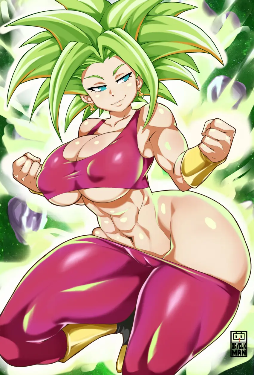 Image 1girls,big_breasts,breasts,female,female_only,nipples,solo,blue_eyes,muscular,cleavage,covered_nipples,solo_female,solo_focus,underboob,dragon_ball,green_hair,nipples_visible_through_clothing,abs,muscular_female,boots,dragon_ball_super,fusion,kefla,saiyan,aura,legendary_super_saiyan,super_saiyan,super_saiyan_2,higher_resolution_available,bayeuxman