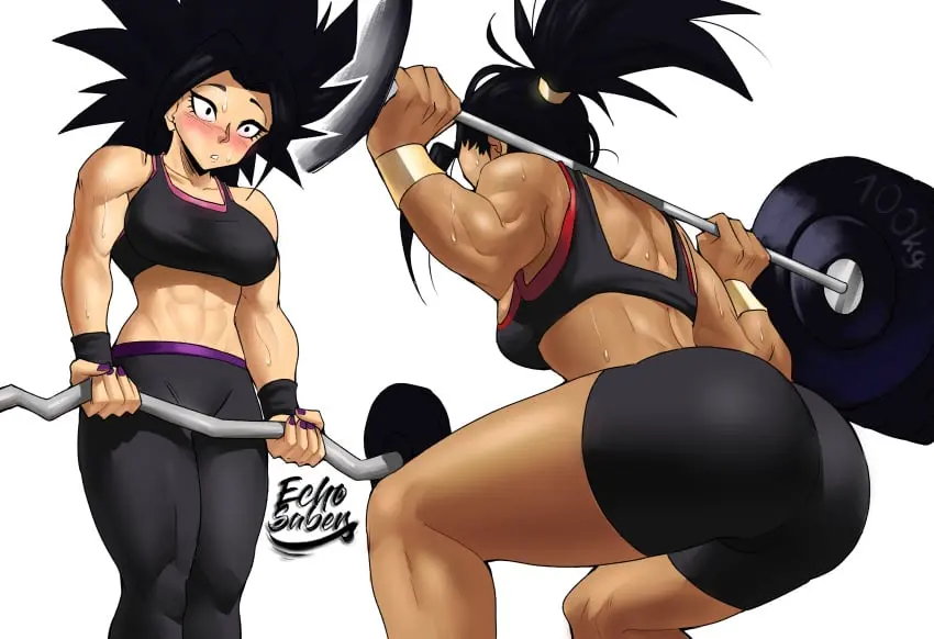 Image blush,breasts,female,female_only,light-skinned_female,light_skin,long_hair,2girls,black_hair,multiple_girls,sweat,big_ass,big_butt,ponytail,muscular,wide_hips,sports_bra,tan_skin,midriff,tan-skinned_female,medium_breasts,dragon_ball,sweatdrop,tight_clothing,black_eyes,yuri,squatting,abs,muscular_female,gym_uniform,dragon_ball_super,saiyan,universe_6,adult_swim,toonami,bike_shorts,yoga_pants,looking_up,butt_focus,gym_clothes,caulifla,kale,spiky_hair,chocolate_and_vanilla,universe_6_girls,spats,female_saiyan,workout,weightlifting,echosaber,workout_clothes,working_out,gym_pants